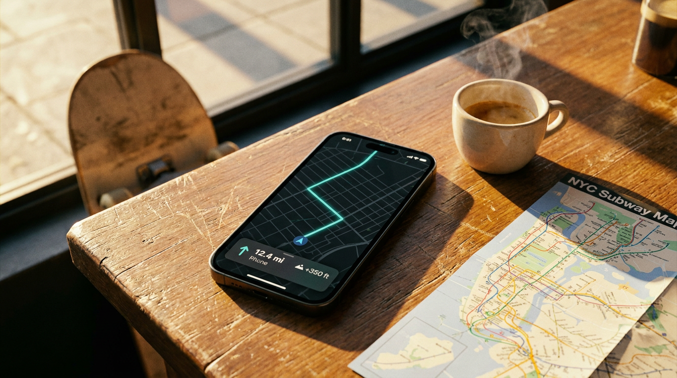 iPhone showing the Abiance map at rest on a coffee shop counter at golden hour