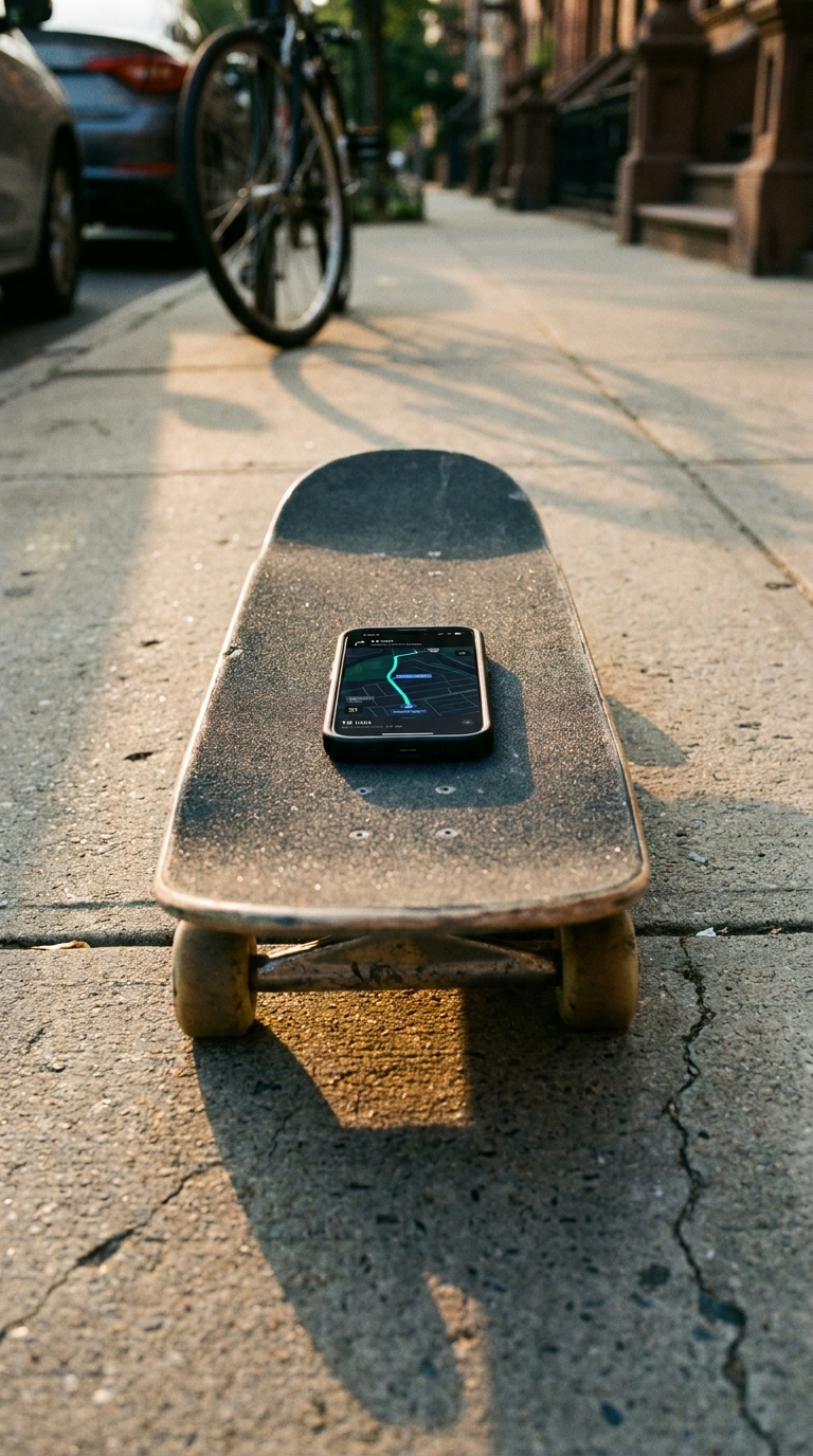 iPhone showing the Abiance map resting on a worn skateboard deck on a Brooklyn sidewalk at golden hour