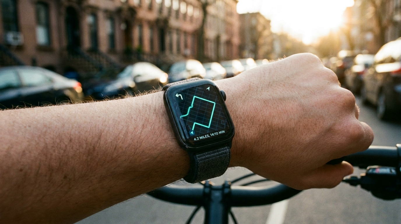 Apple Watch on a rider's wrist showing the Abiance map with a glowing route arrow