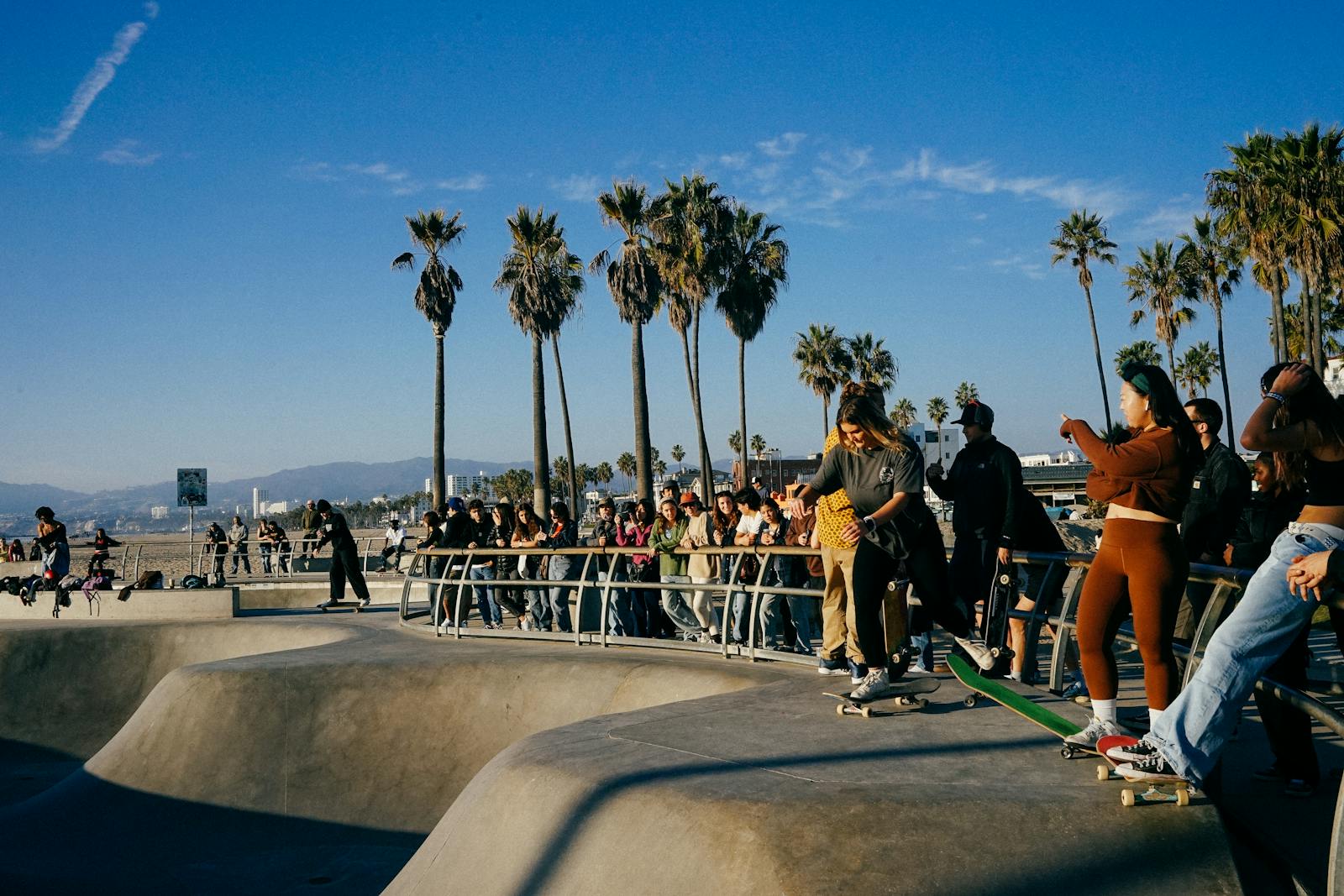 Skate park full of riders at golden hour