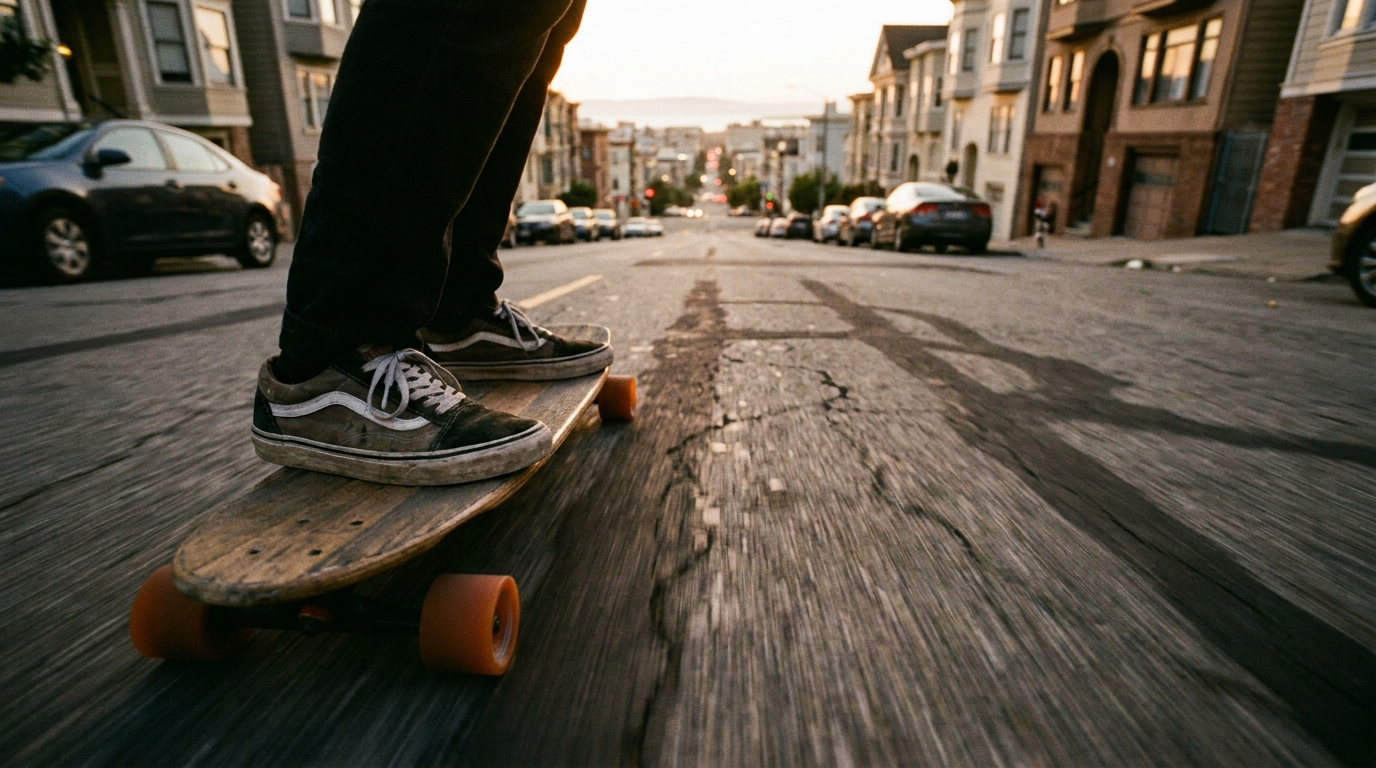 First-person POV bombing a Manhattan street at sunset